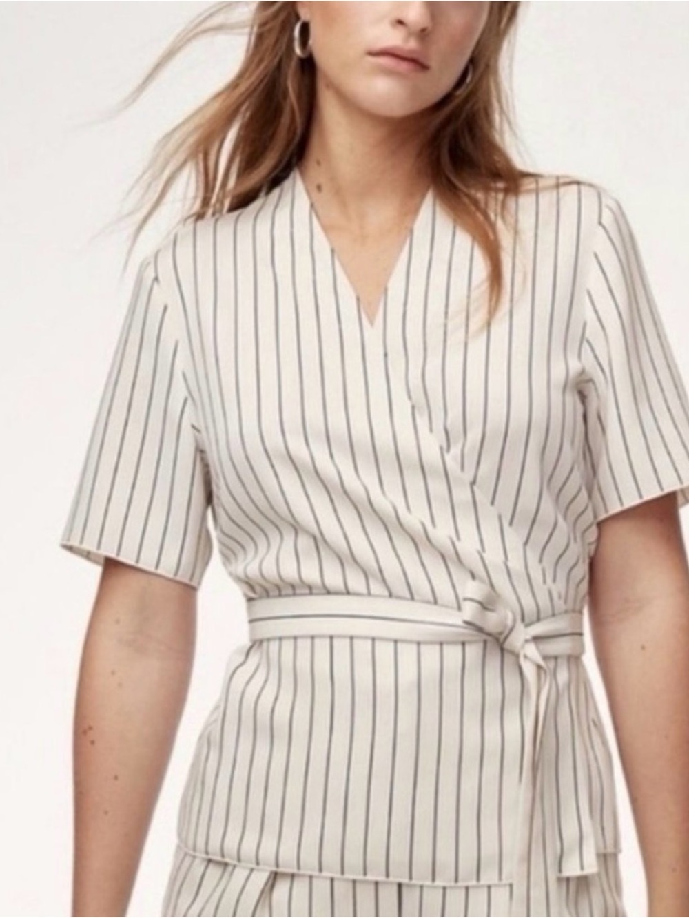 Babaton by Aritzia Pinstripe Wrap Blouse | White & Black | Size Small
